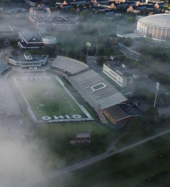 Birds-eye photo of Peden Stadium and The Convo